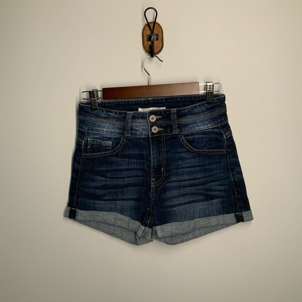 KanCan Blue Jean Shorts with Rolled Hem and Dark Faded Wash